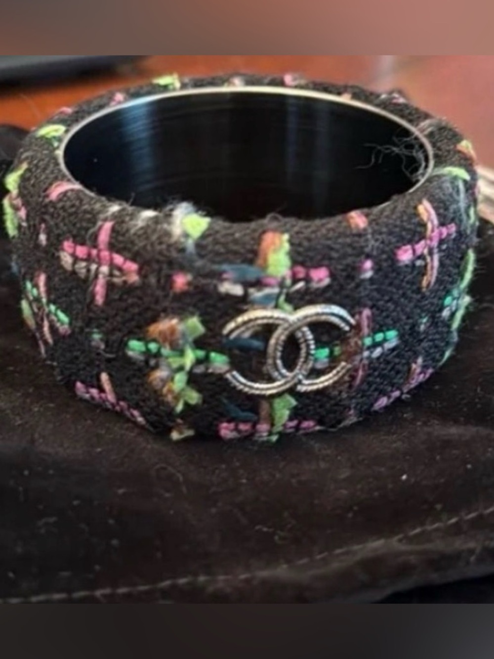 Authentic CHANEL RARE 💗Neon💗 Blk Pink Green Tweed Heavy Metal Bangle Bracelet